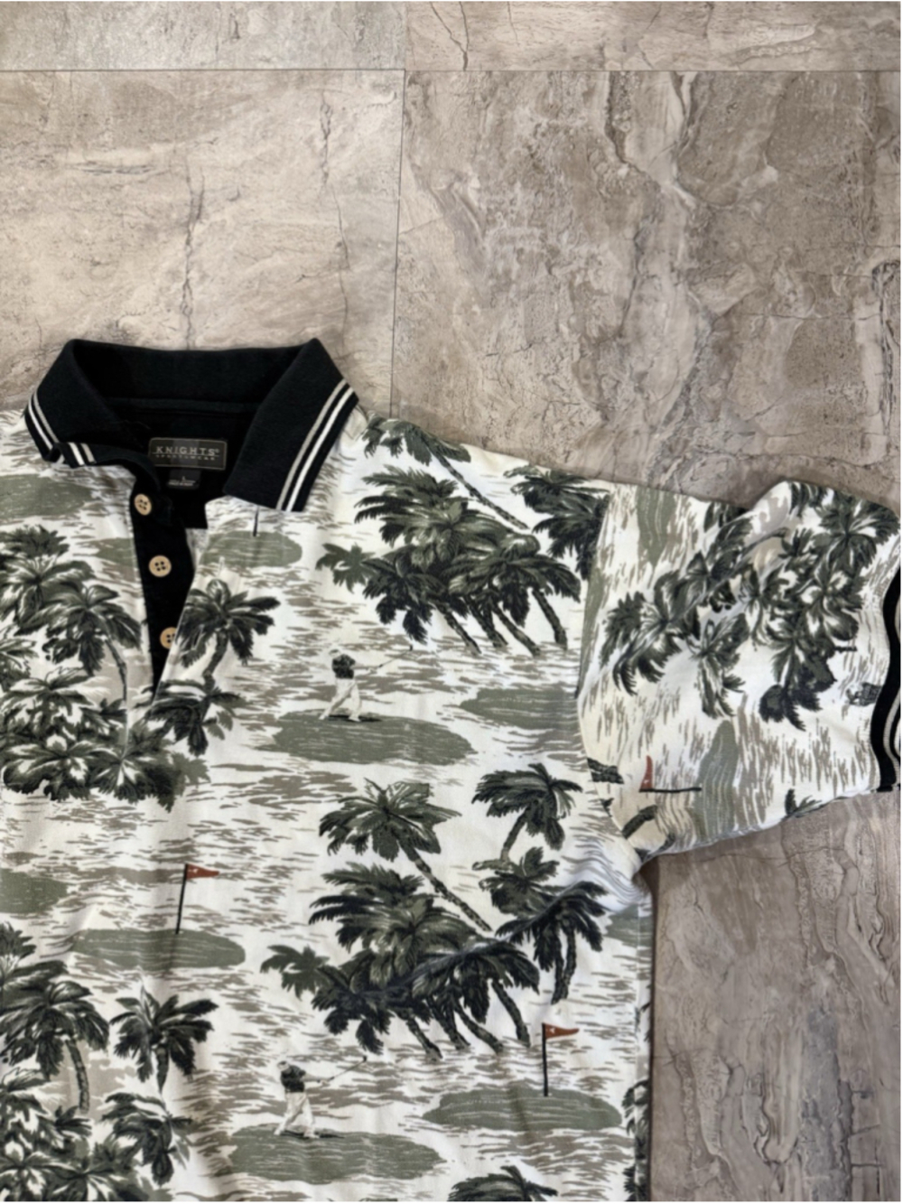 Vintage 90s Knightsbridge All Over Golf Print Polo Shirt Men L Palm Tree Cotton